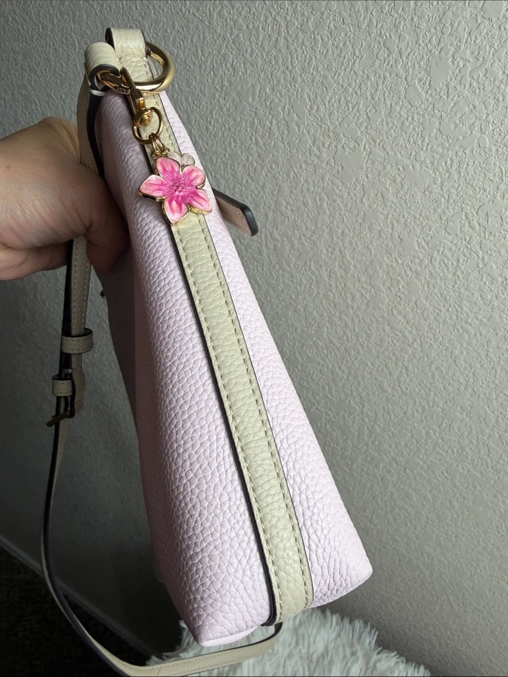 kate spade Pale Pink Pebbled Leather Crossbody with Floral Charm and Dust Bag